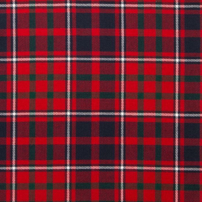 “Cameron of Lochiel Modern Tartan Fabric: bold red and blue base with green and white overchecks in 100% wool—ideal for kilts, jackets & décor.”