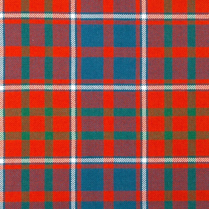 “Cameron of Lochiel Ancient Tartan Fabric: orangey‑red base with blue, green & white in 100% wool — perfect for kilts, jackets & crafts.”