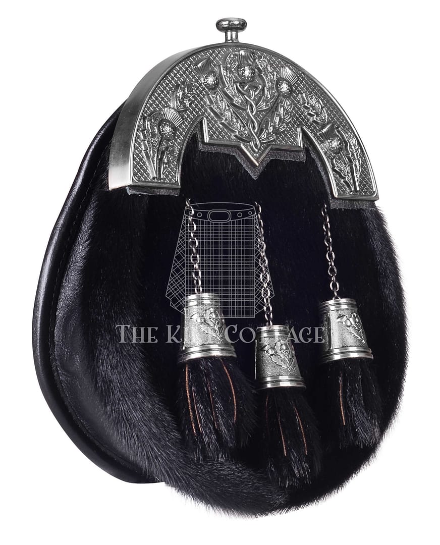 Nickel Brushed Thistle Black Seal Fur Full Dress Sporran