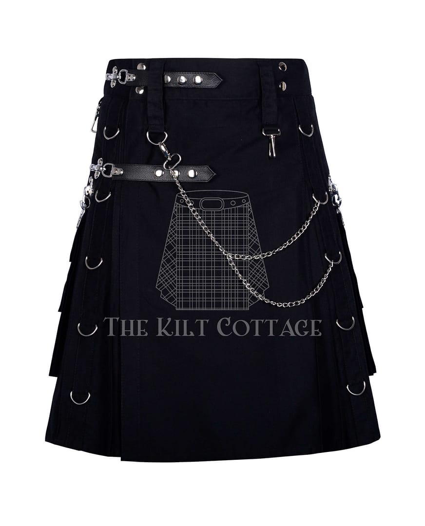 Black Cotton Gothic Chain Utility Kilt