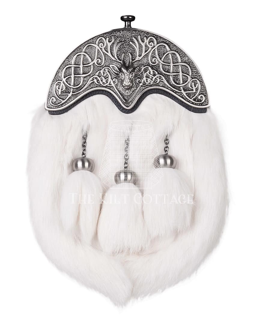 Nickle Brushed Stag Head White Rabbit Fur Full Dress Sporran
