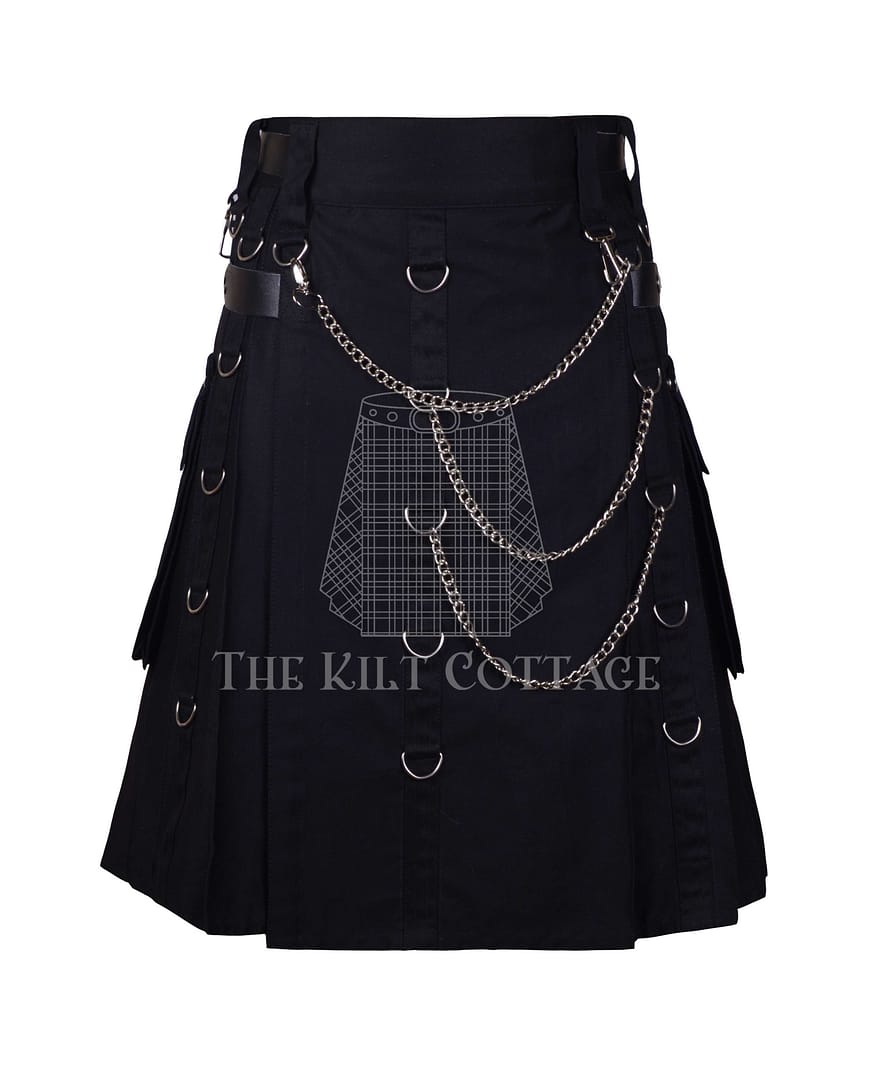 Black Cotton Print Gothic Utility Kilt