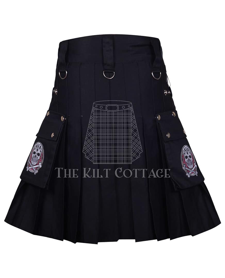 Black Cotton Print Gothic Utility Kilt