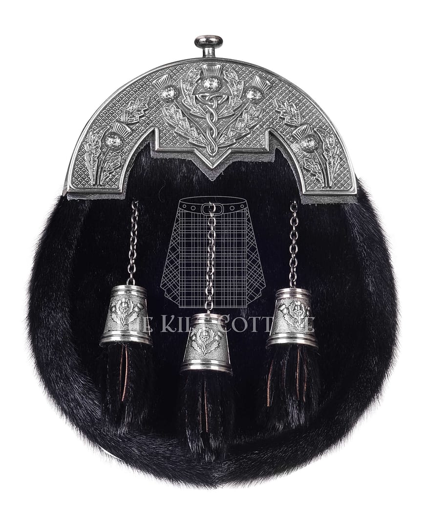 Nickel Brushed Thistle Black Seal Fur Full Dress Sporran