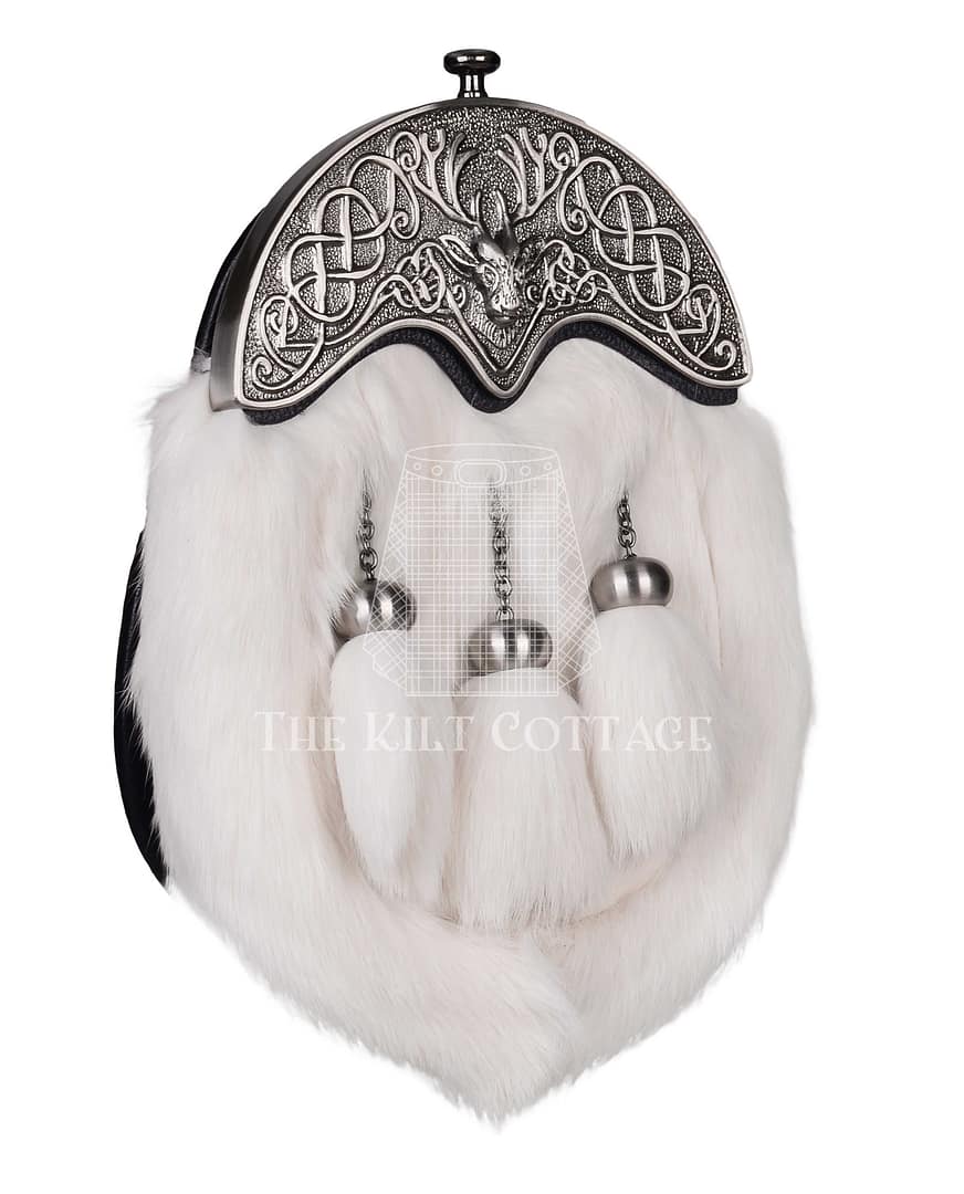 Nickle Brushed Stag Head White Rabbit Fur Full Dress Sporran