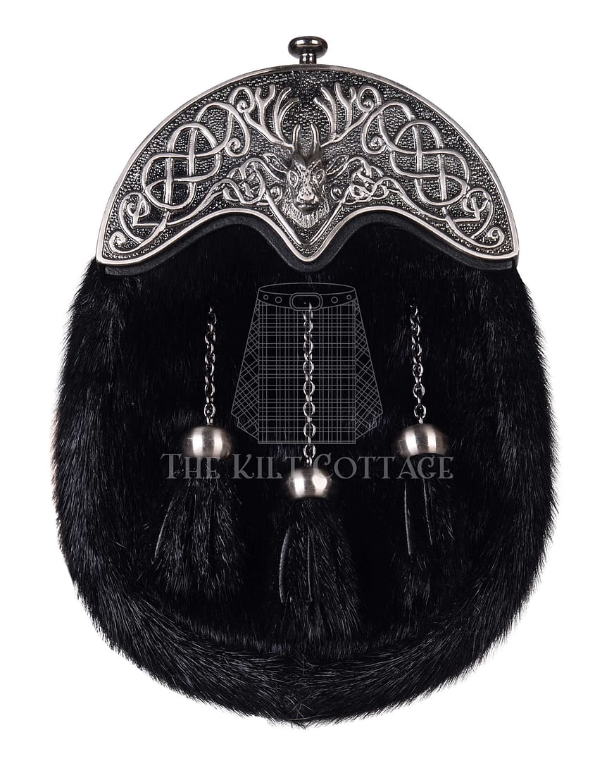 Nickle Brushed Stag Head Black Seal Fur Full Dress Sporran