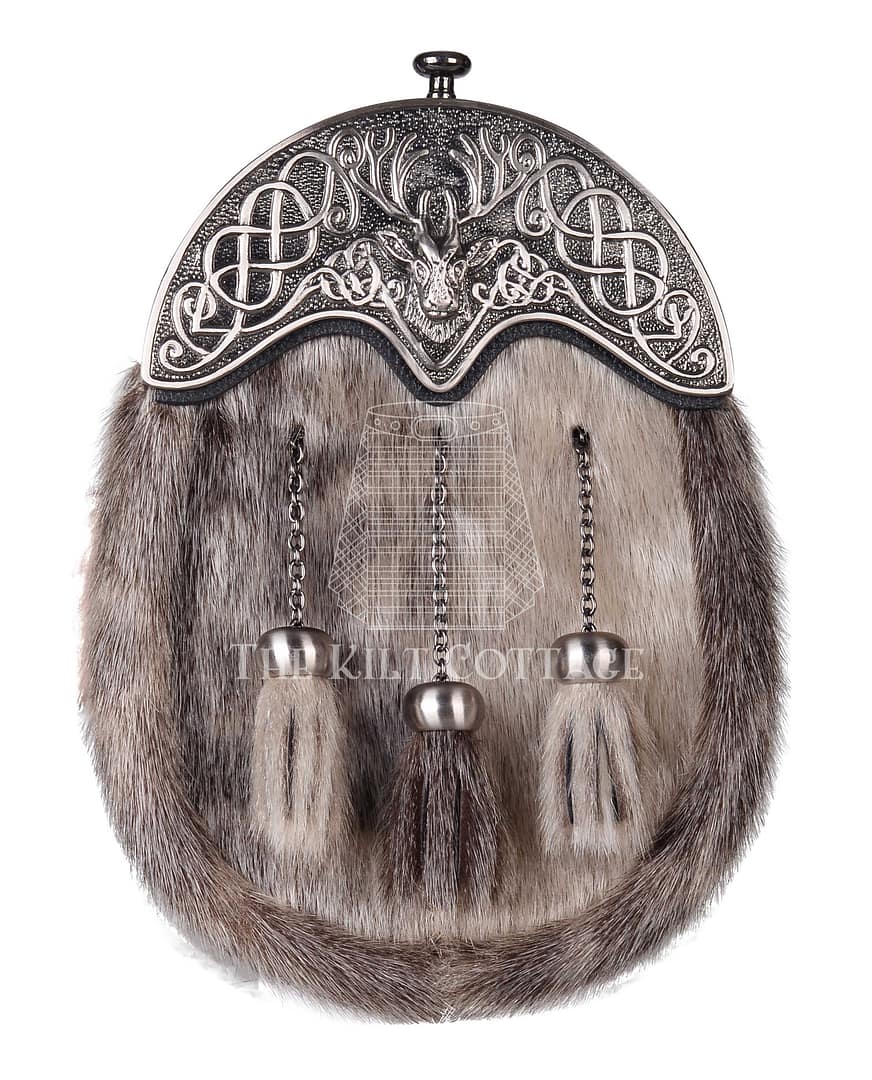Nickle Brushed Stag Head Seal Fur Full Dress Sporran