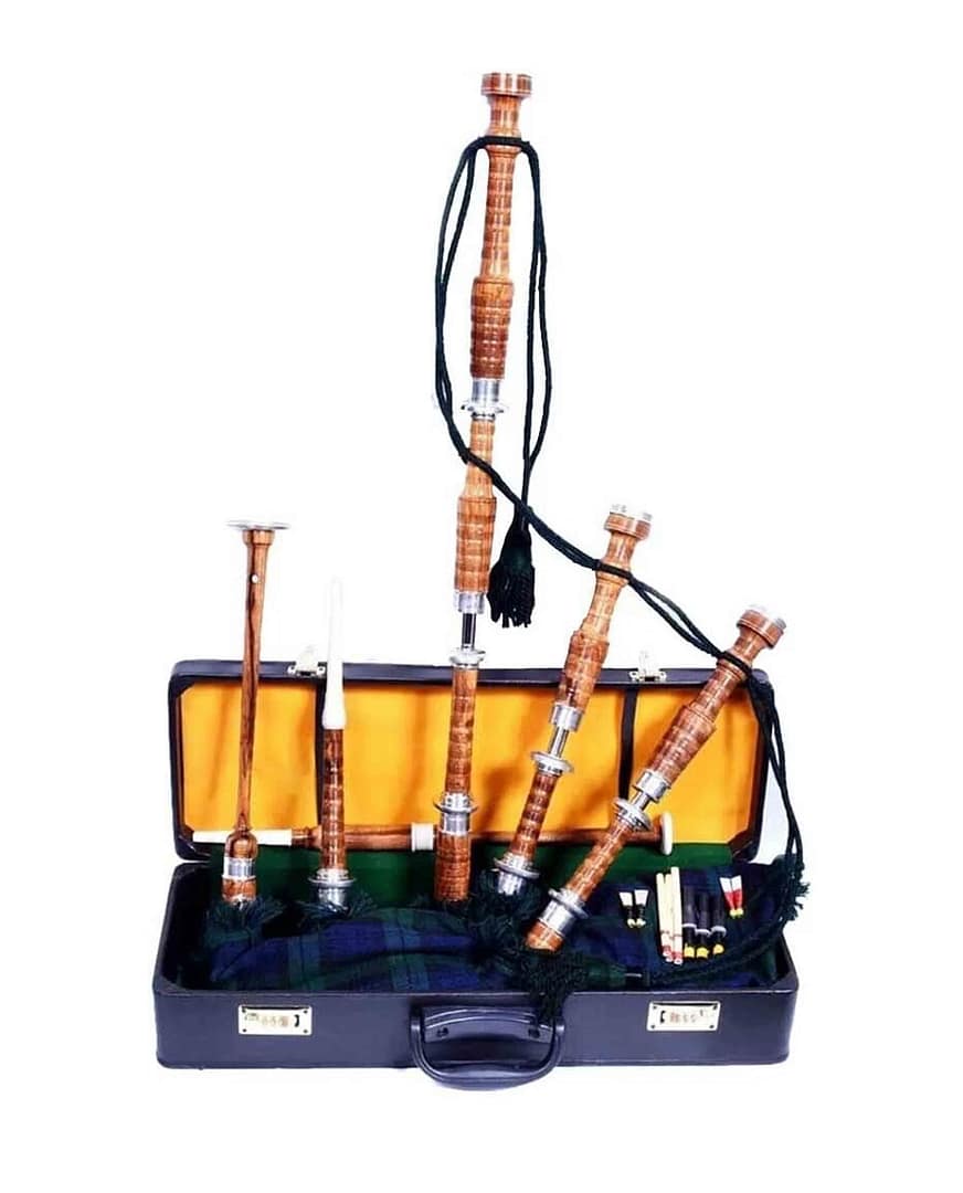 Scottish Bagpipe Black Watch Tartan Silver Plain Mounts