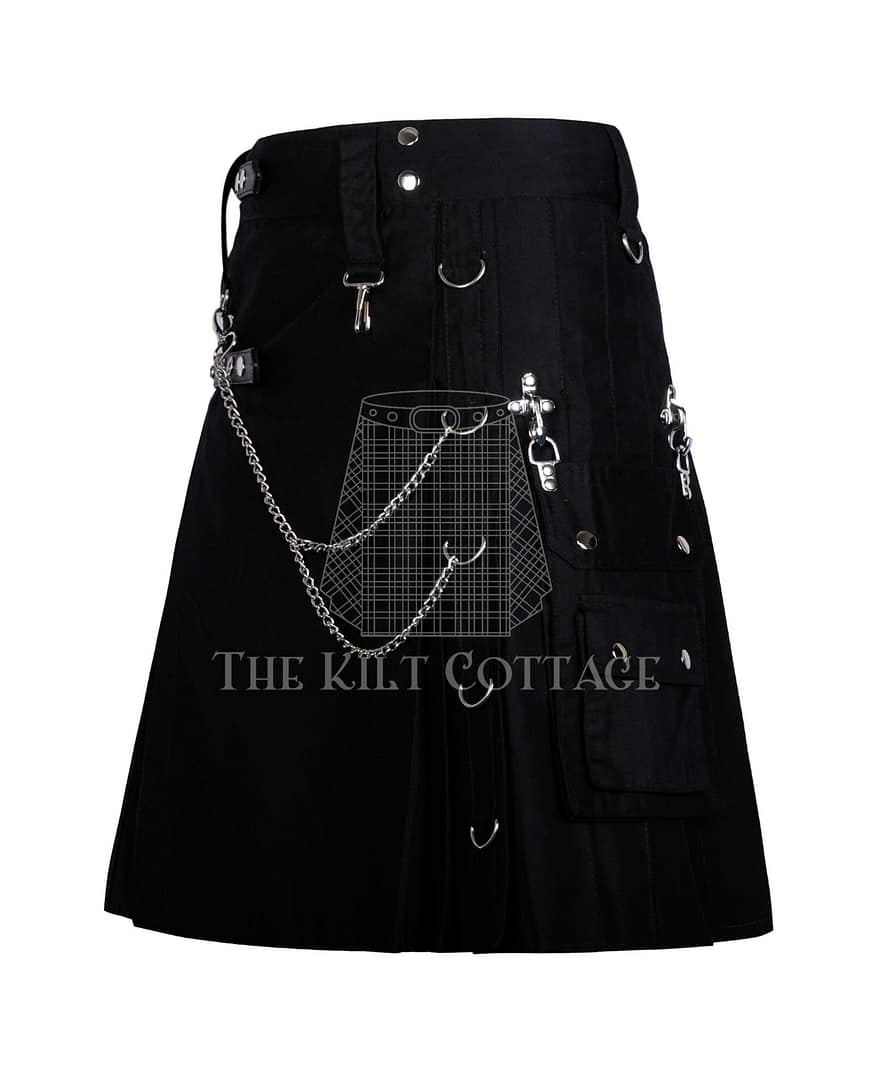 Black Cotton Gothic Chain Utility Kilt