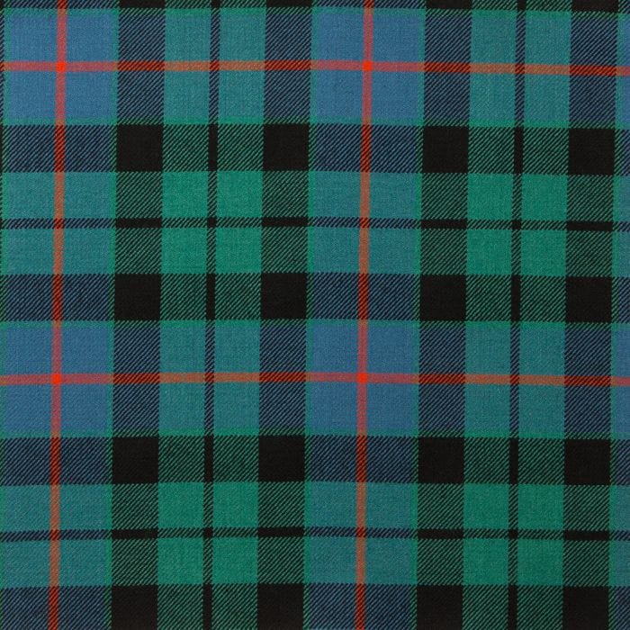 Morrison Green Ancient Tartan Fabric showcases earthy green, blue, and red tones in a traditional plaid—ideal for kilts, crafts, and décor.